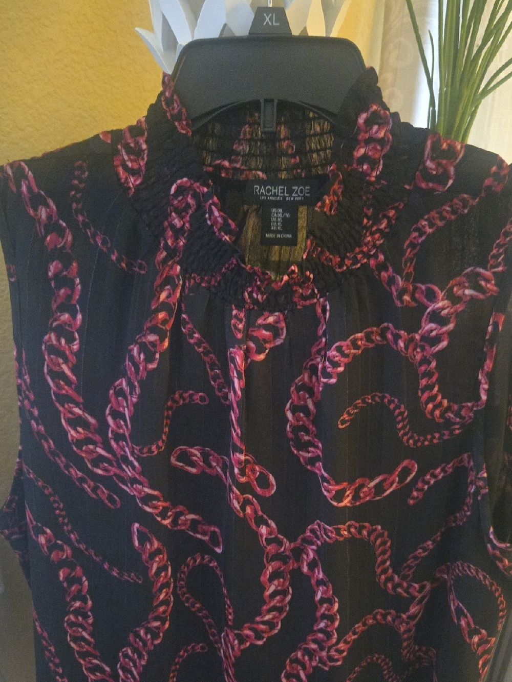 Rachel Zoe Black Blouse with Pink Chain Motif